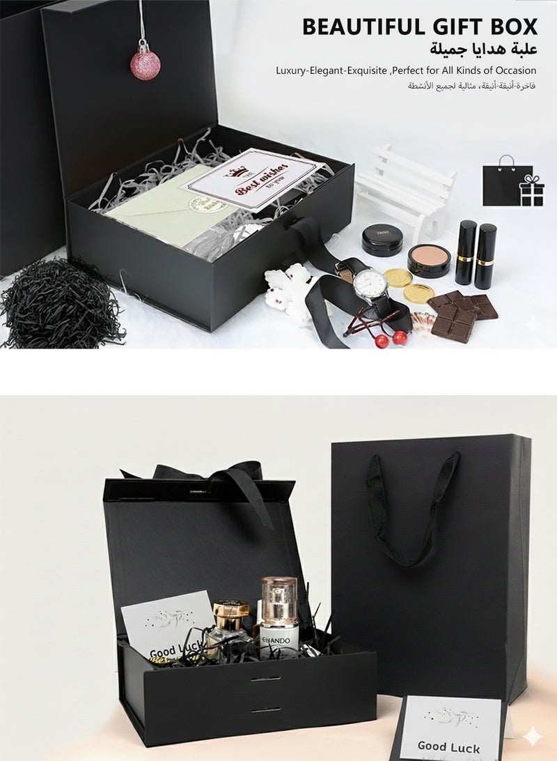 صندوق هدايا أسود فاخر مغناطيسي قابل للطي (29×22×10.5 سم) – مع حقيبة هدايا، شريط، رافيا وبطاقة تهنئة، مثالي لأعياد الميلاد والزفاف وعيد الحب والكريسماس - Image 2